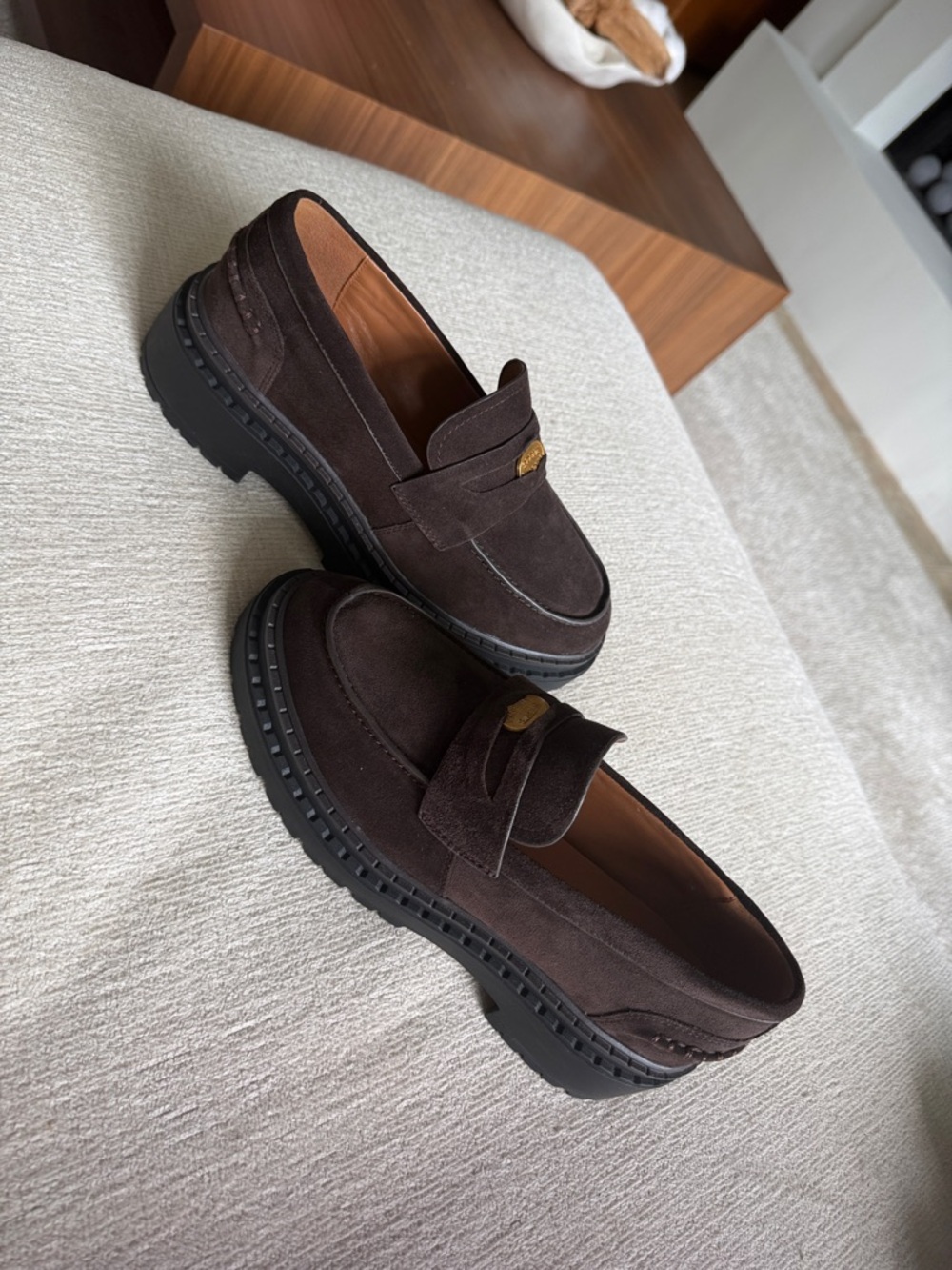 Steve Madden Dark Brown Suede Lug-Sole Penny Loafers